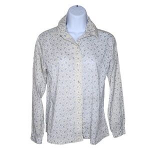 Vintage 80s Button Up Blouse Womens Size M White Blue Country Floral Shabby